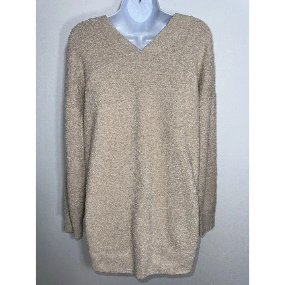 Barefoot Dreams CozyChic Lite V-Neck Seamed Pullover Beige Women Small